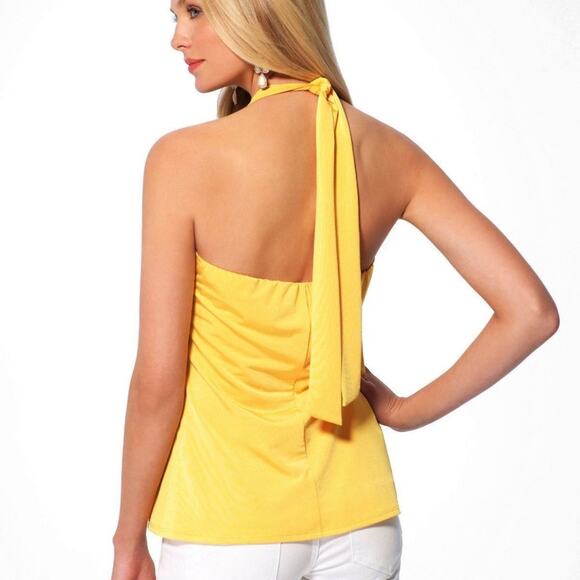 Cache Yellow Ruched Lined White Embellished Stretch Halter Top Lined $98 NWT New - Picture 2 of 5